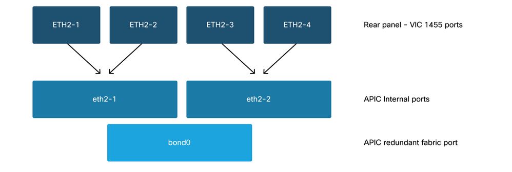 Mapping of VIC 1455 physical interfaces to APIC OS Logical eth interfaces.