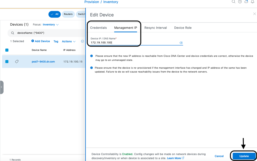 Changing the Management IP address for the Network Device in Catalyst Center to Dummy IP