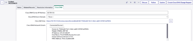 Cisco DNA Tab of Incident Ticket