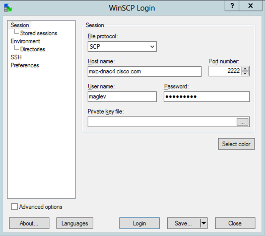 Comment utiliser WinSCP pour extraire RCA de Catalyst Center - Choisissez SCP comme protocole de fichier et choisissez le numéro de port 2222