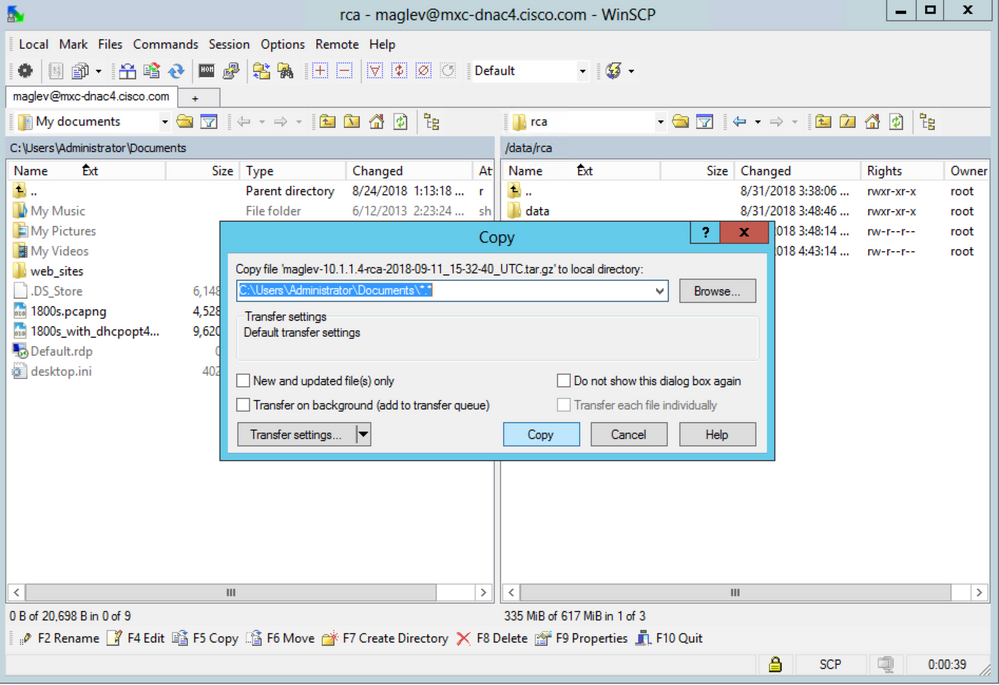 Comment utiliser WinSCP pour extraire RCA de Catalyst Center - Copier le fichier RCA sur votre ordinateur local