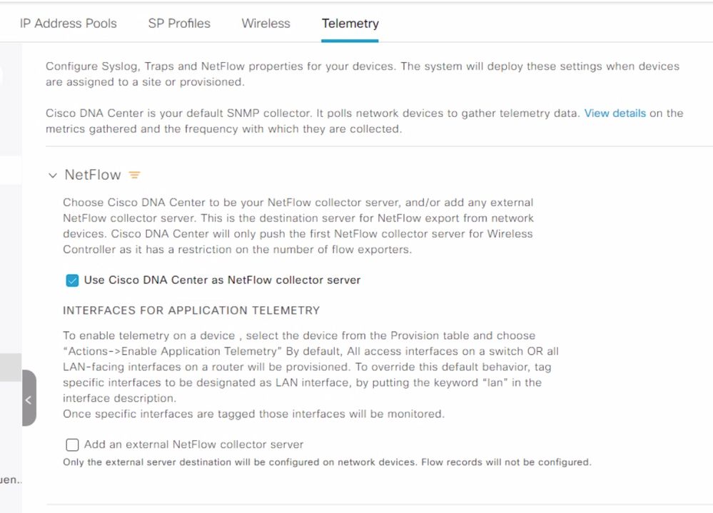 Cisco DNA Center Netflow Collector Settings