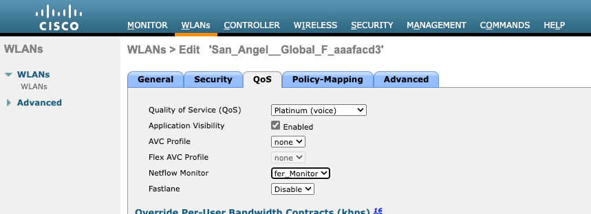 WLC GUI Netflow Config Options de qualité de service