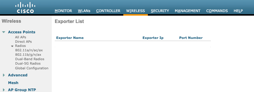 Liste d'exportateurs de configuration Netflow GUI WLC vide
