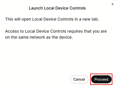 Local Device Controls pop-up in Control Hub