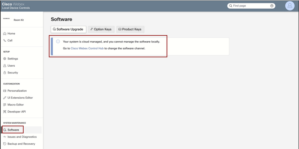 Local Device Controls Software section for a cloud-registered endpoint