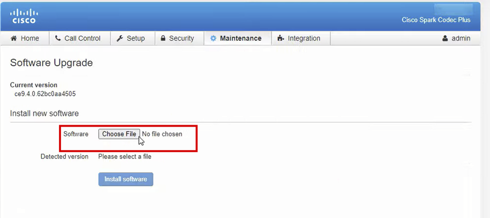 Software Upgrade section of the GUI of an endpoint on CE 9.4 OS version