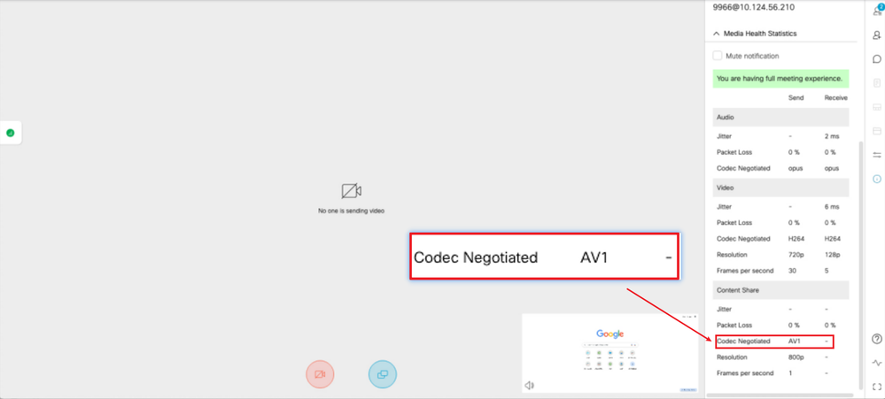 O codec de conteúdo do apresentador é AV1 no Chrome