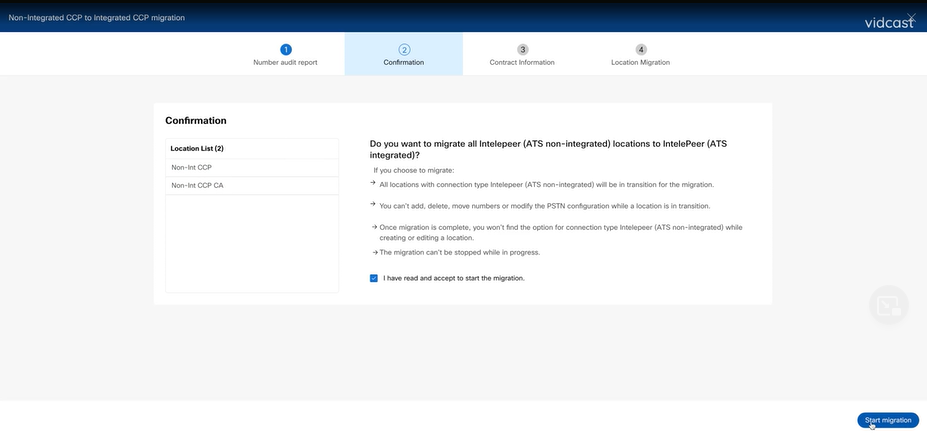 Confirmation Page - Start Migration of the Locations that are Non-Integrated Intelepeer