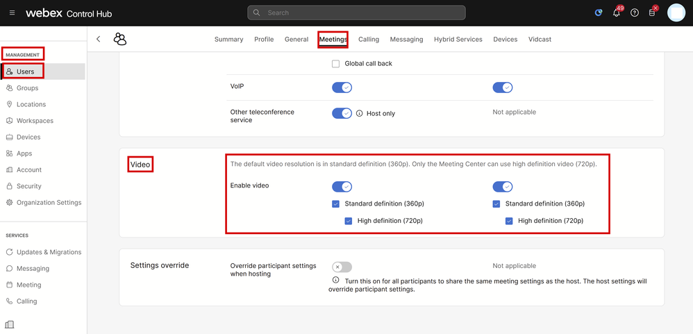 Video Resolution Settings for Individual User in Control Hub