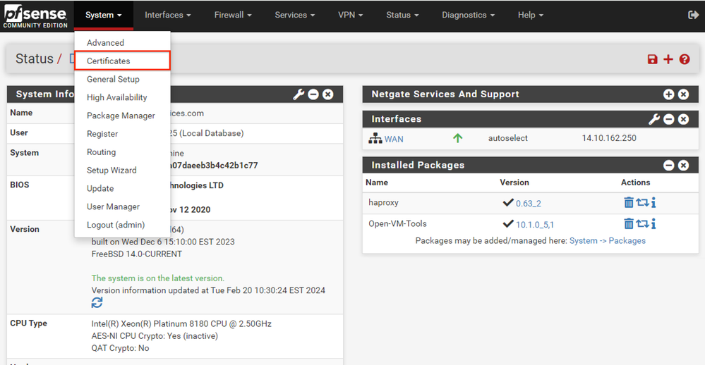 pfSense GUI - Certificates Dropdown