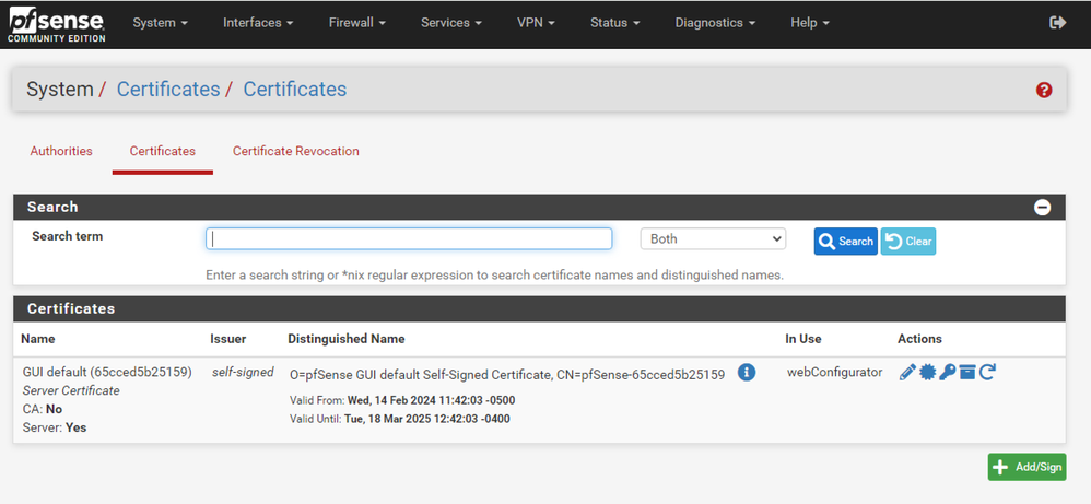 pfSense GUI - Certificates List