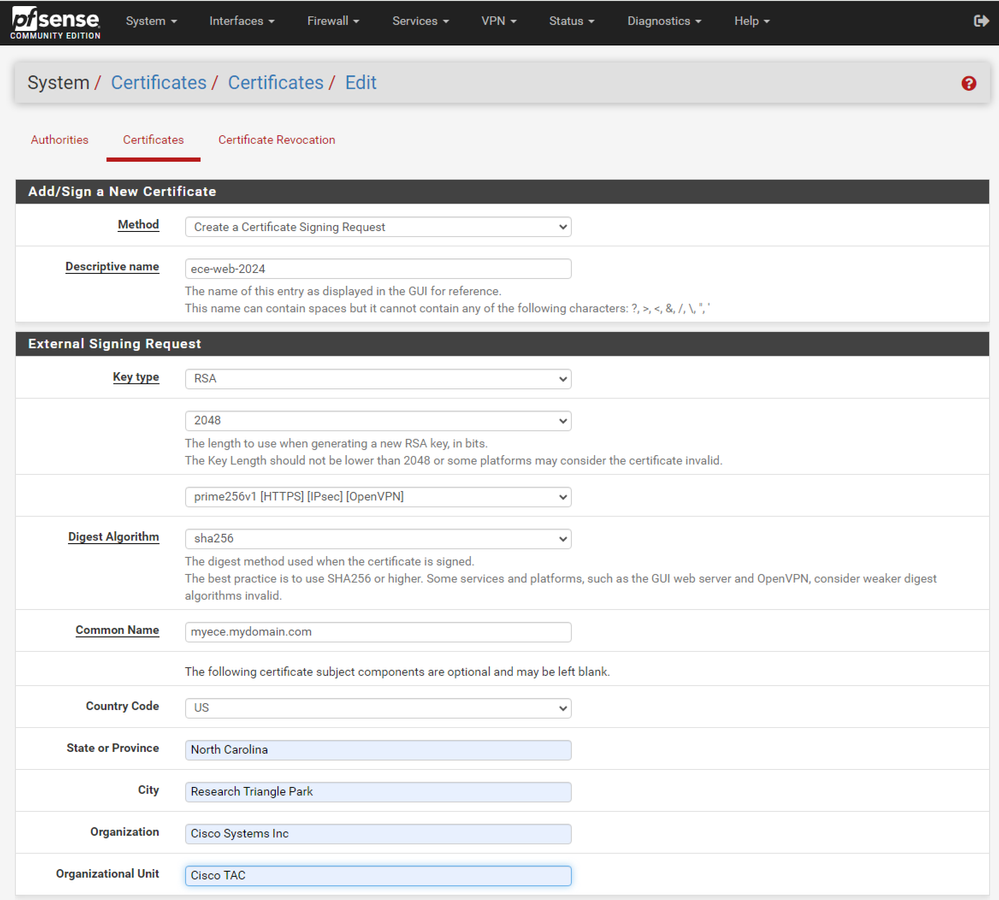 pfSense GUI - CSR Creation