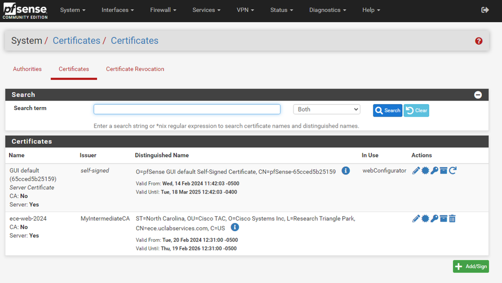 pfSense GUI - Certificate List