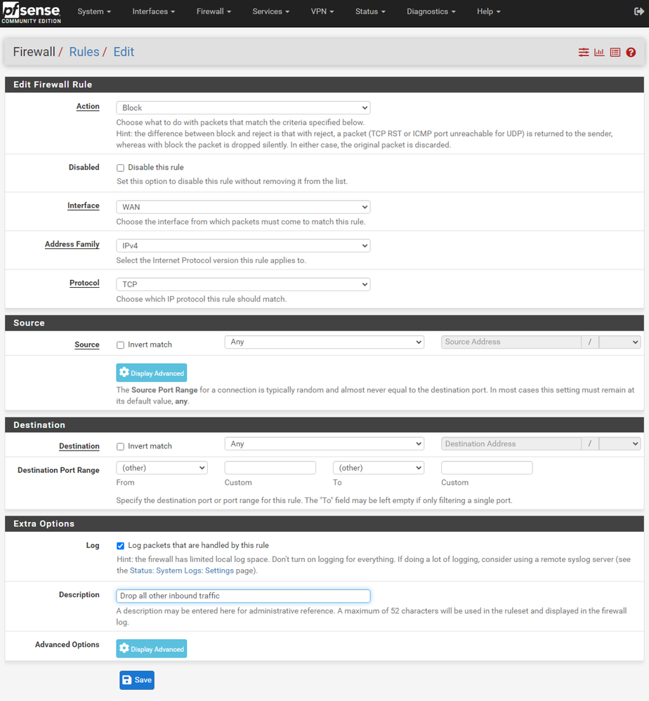 pfSense GUI - Firewall Drop Rule Configuration