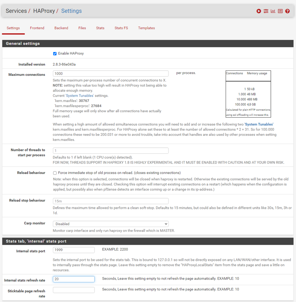 pfSense GUI - HAProxy Main Settings