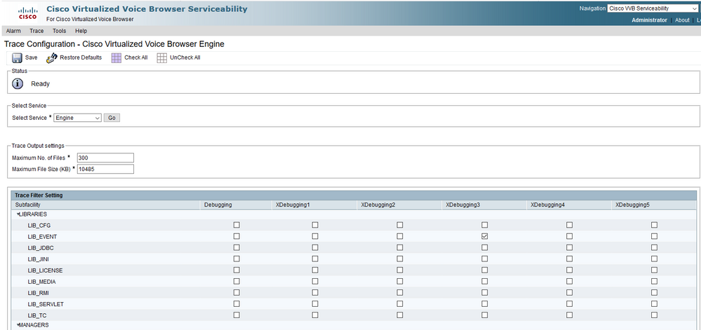 Vista de configuración de Cisco VB Trace