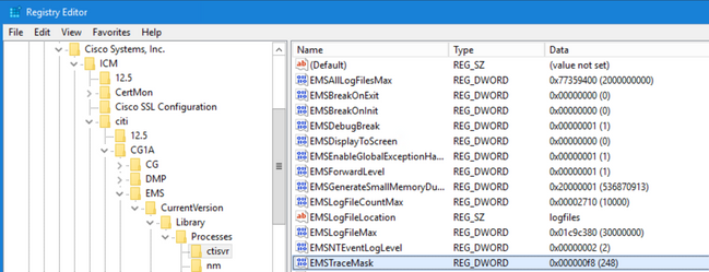 Agente de UCCE PG, Navegación en el Editor del Registro (Regedit)