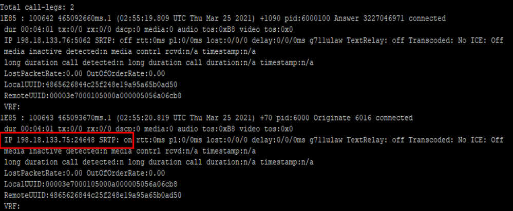 show call active voice brief Command Output on CUBE SSH Console