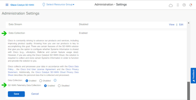 Data Collection and SD-WAN Telemetry Data Connection Enabled