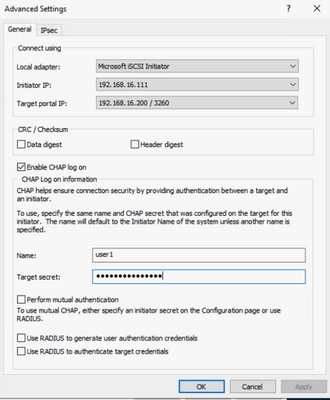 Boot from iscsi Target with MPIO - Enable Chap log on