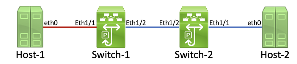 Network topology showing two hosts connected through two switches in a series.