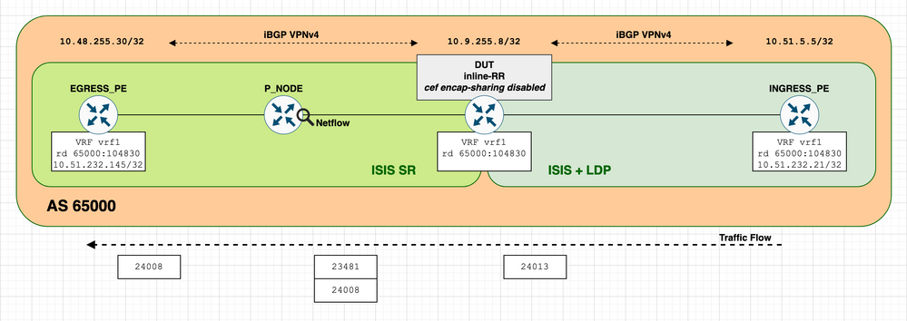 DUT - in-line RR and PE with same RD value and 'cef encap-sharing disable' configured