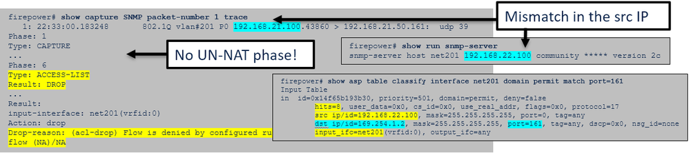 FTD SNMP - FTD data interface packet trace - Mismatch in the host source IP