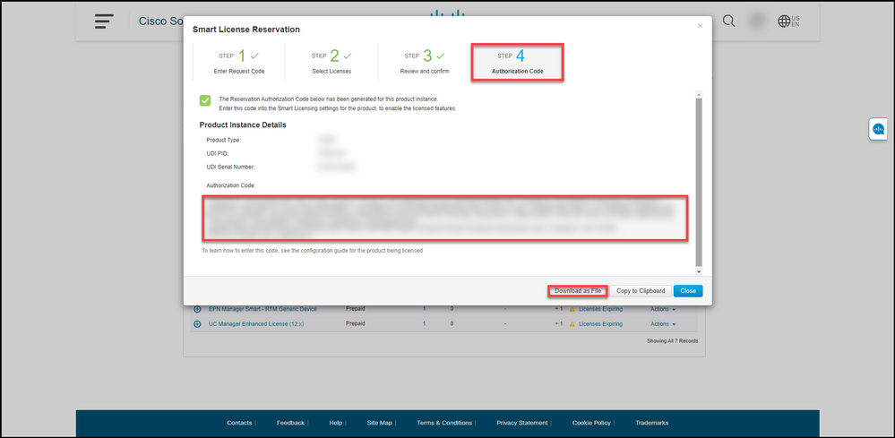 Reserving licenses - Enter authorization code