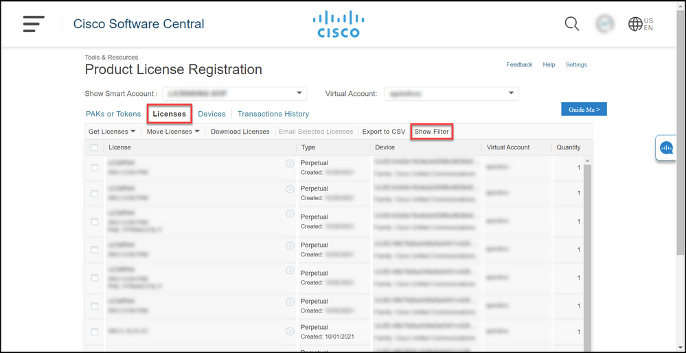 Resending licenses in LRP - Show filter