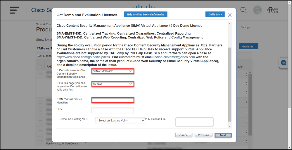 Generating a Demo or Evaluation License for SEG (IronPort) - Specify target device and options