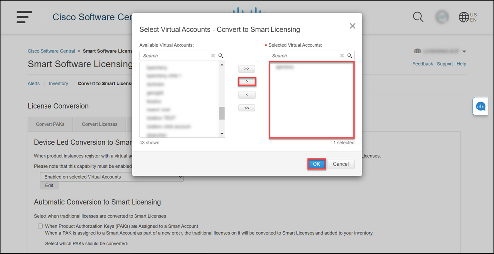 Migrating Catalyst 3850 Series from RTU to Smart Mode - Enable DLC on selected Virtual accounts