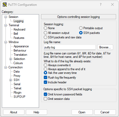 PuTTY SSH Logging