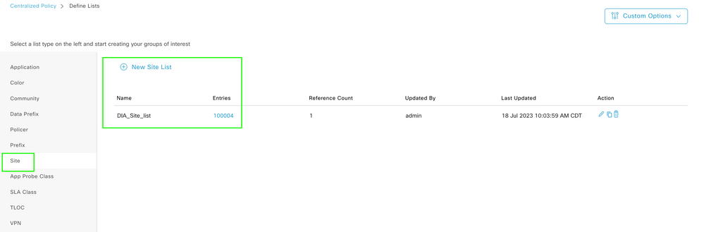 Centralized Policy Custom Site List