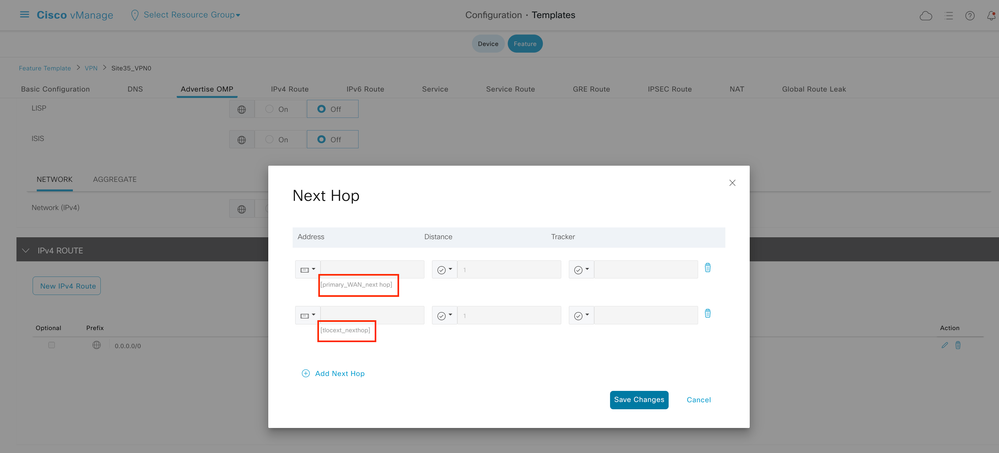 VPN 0 Feature Template IPv4 Route