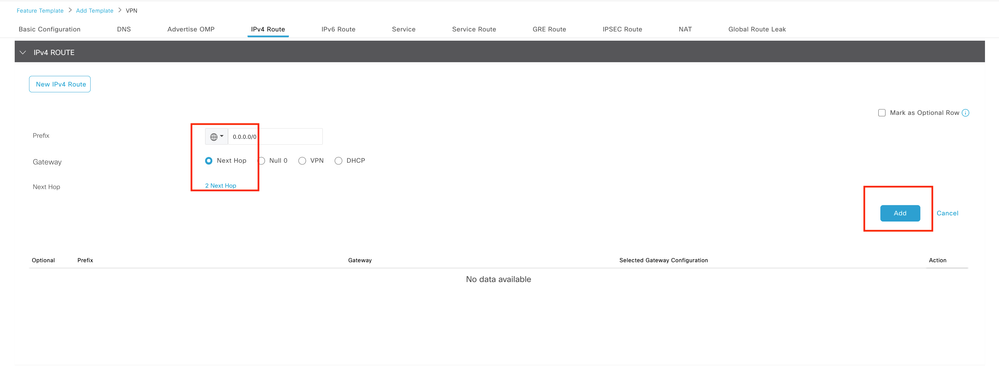 VPN 0 Feature Template IPv4 Route Next Hop