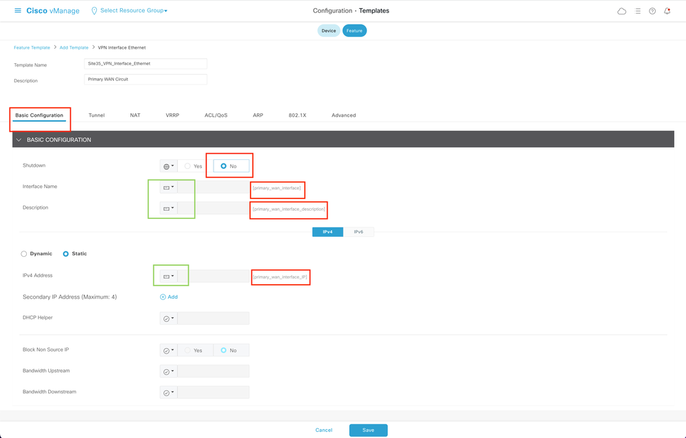 Primary WAN Interface Feature Template Basic Configuration