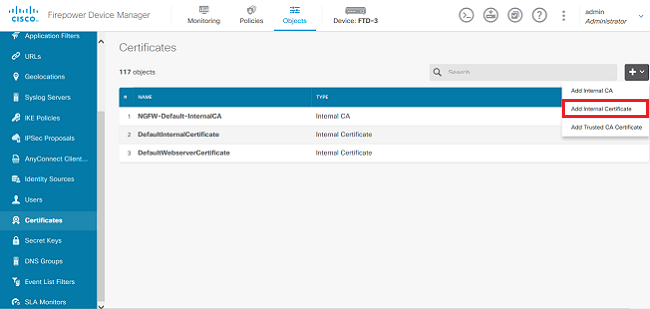 Self-Signed Enrollment - Navigate to Objects, then Certificates