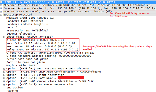 Outside Interface Address, Change in IP Header and Relay Agent Field