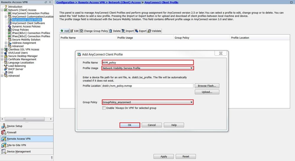 Fill the NVM_policy details to add AnyConnect Client Profile