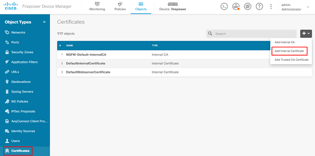 Configurazione del certificato interno nella GUI di FDM