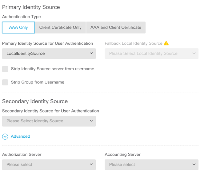 Scegliere i metodi di autenticazione per la VPN ad accesso remoto nell'interfaccia utente di FDM