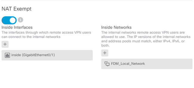 Configurazione dell'esenzione NAT per i client AnyConnect nell'interfaccia utente di FDM