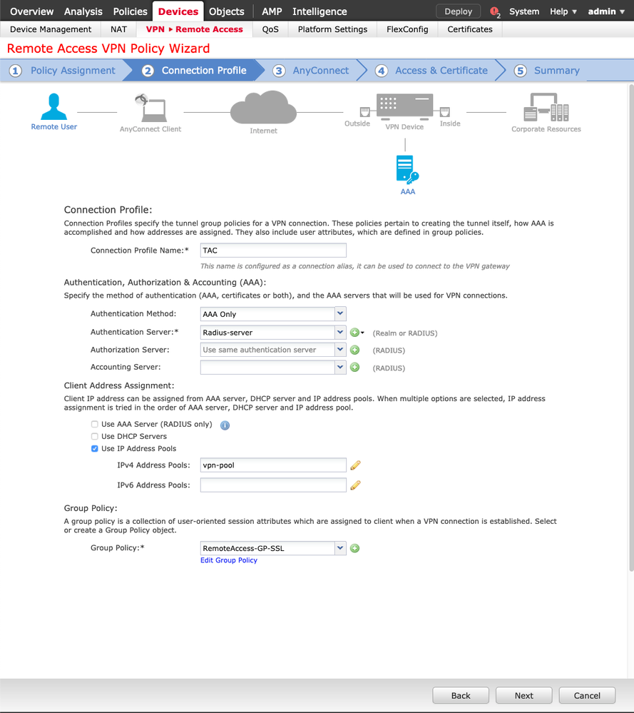 リモートアクセスFMCウィザード：接続プロファイルの設定