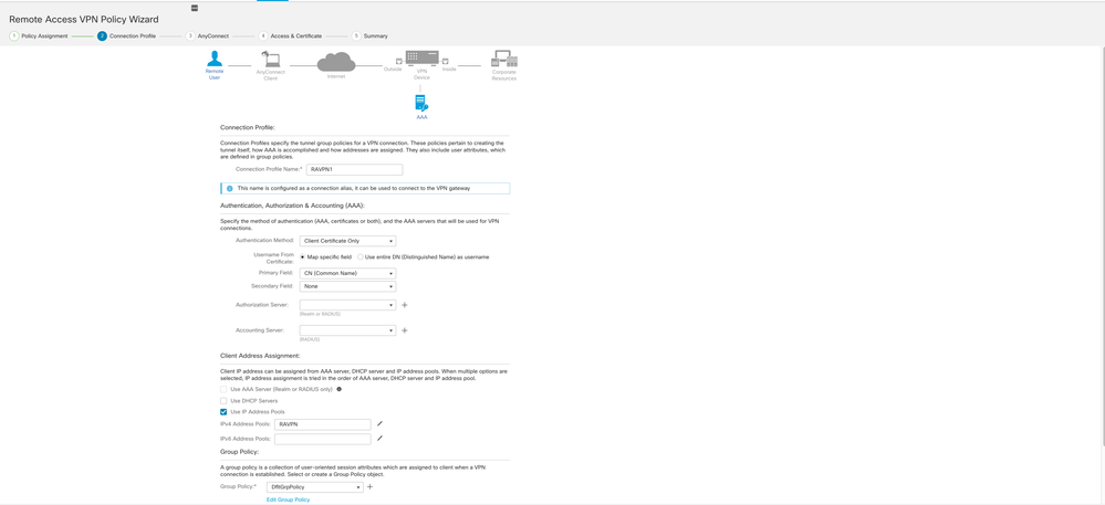 Graphical User Interface, Webpage FMC. Remote Access VPN Policy Wizard Step 2. Connection Profile.