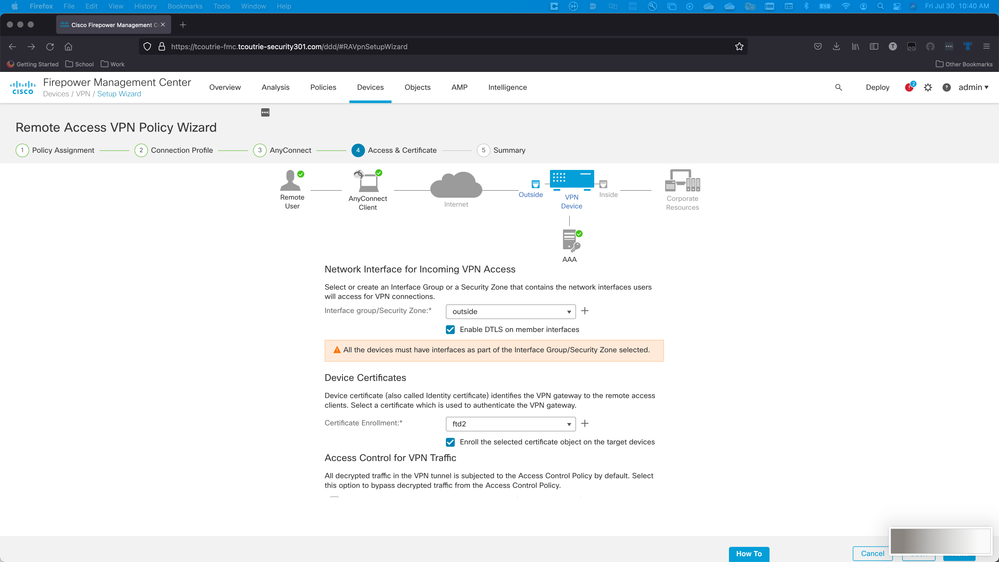 Graphical User Interface, Webpage FMC. Image of Step 4. of Remote Access VPN Policy Wizard.