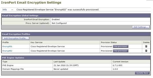 IronPort Email Encryption Settings window