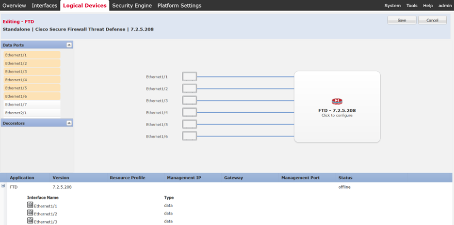 Interfaces Eth1/1 to Eth1/6 Allocated to FTD Instance