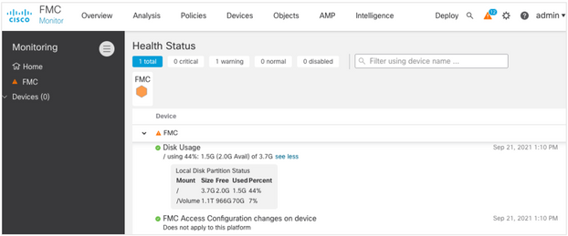 FMC 6.6.1+ Upgrade Tips - FMC Disk Usage page presents a breakdown of disk utilization of the FMC system