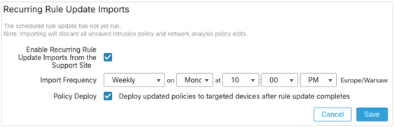 FMC 6.6.1+ Upgrade Tips - Recurring Rule Updates Panel allows to set periodic rule updates (SRU and LSP) from Cisco